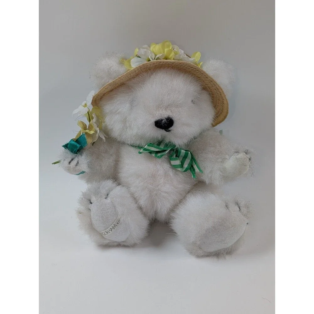 Gorham Aloysius April Plush Teddy Bear Straw Hat Flowers Collectible Easter